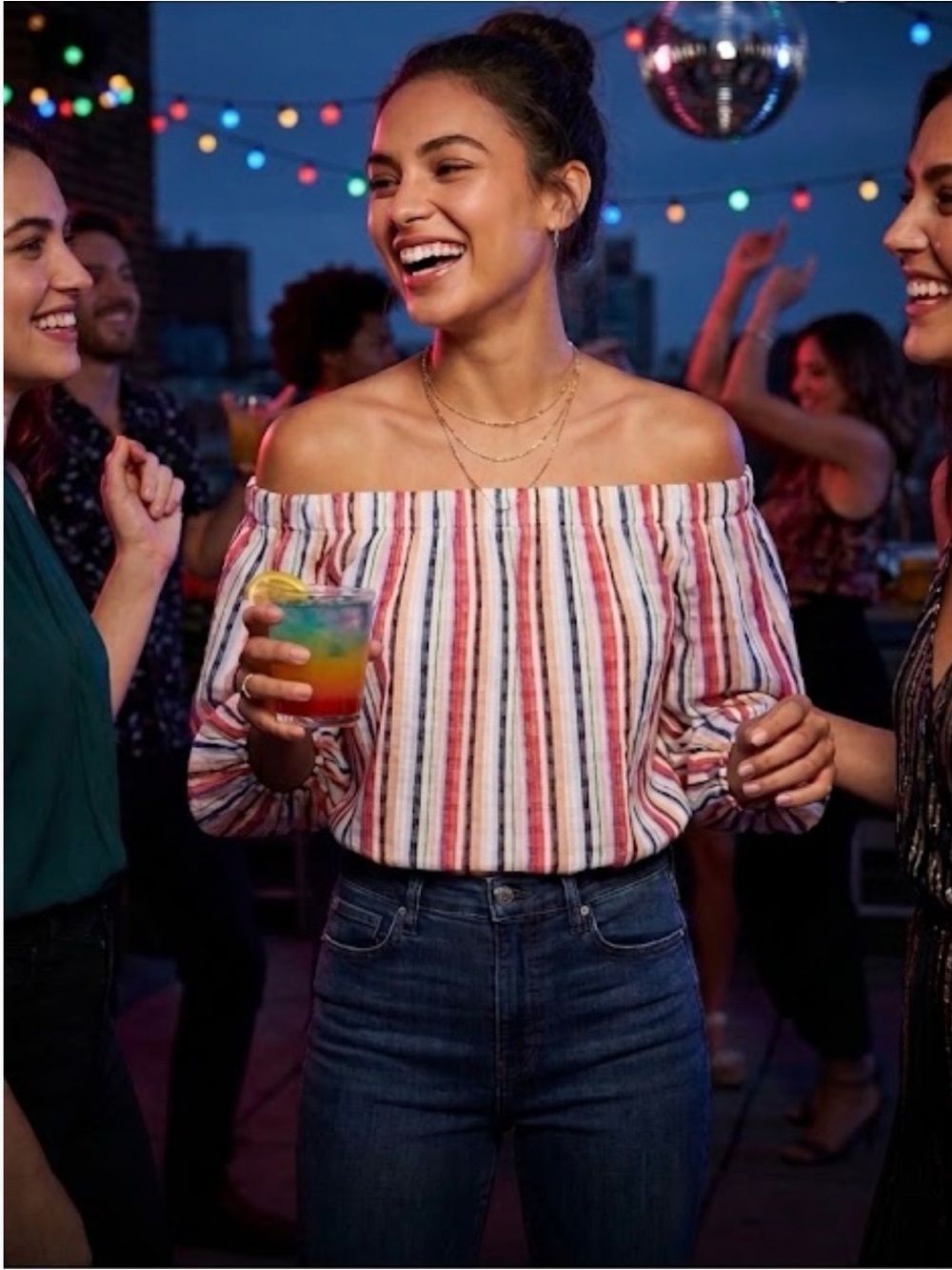 Milly Metallic Sheer Multi-Colored / Striped Off-the-Shoulder Top | Small